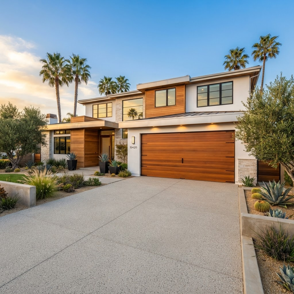 Modern Orange County home with a newly serviced garage door at golden hour