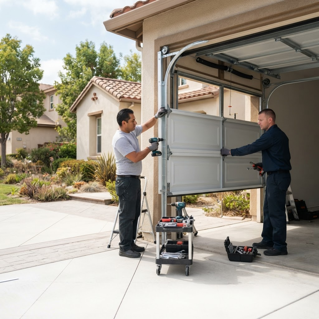 Technicians installing a new sectional garage door on a home