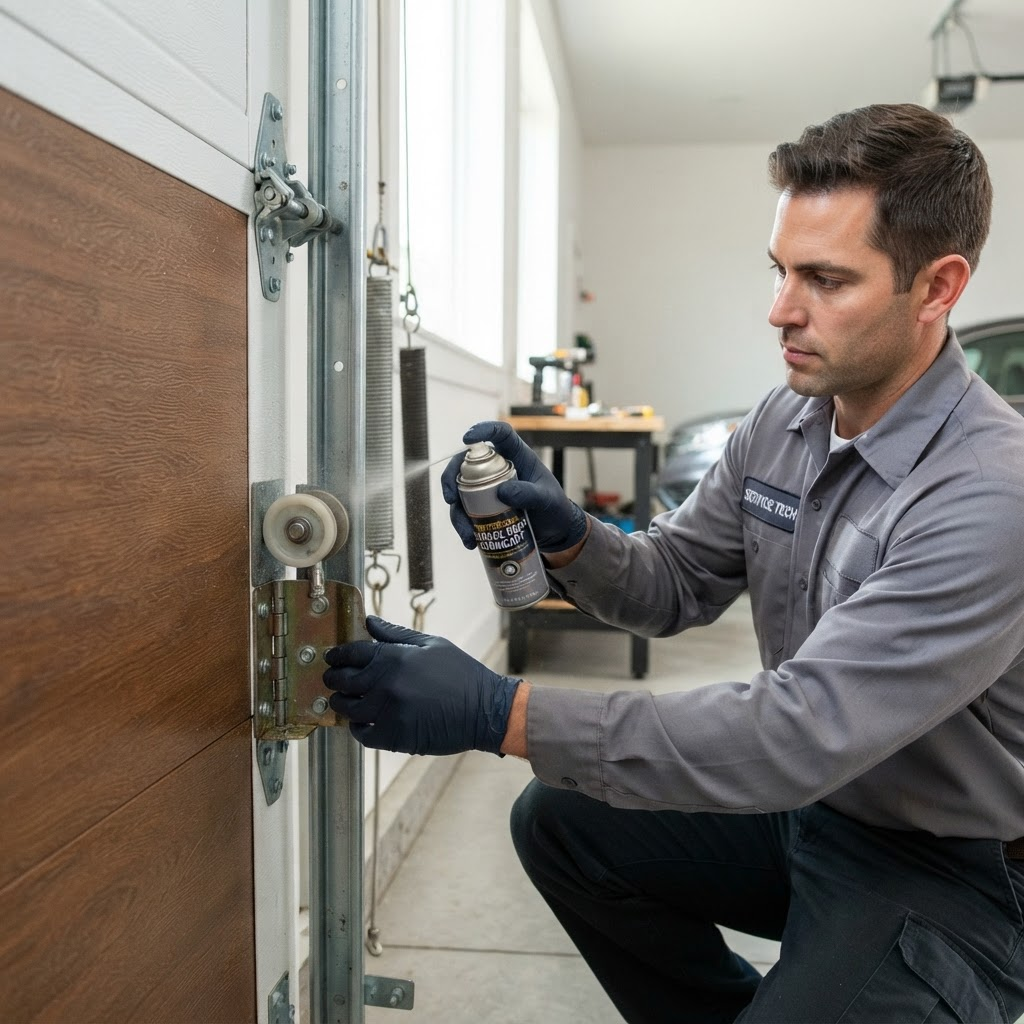 Technician lubricating and inspecting garage door rollers and hinges