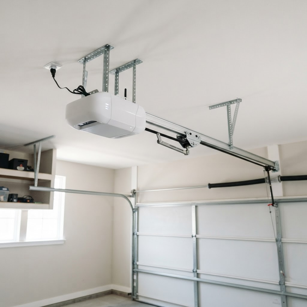 Ceiling-mounted residential garage door opener with belt drive rail