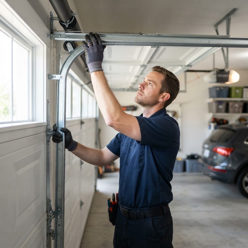 Garage door technician inspecting a residential door track and roller