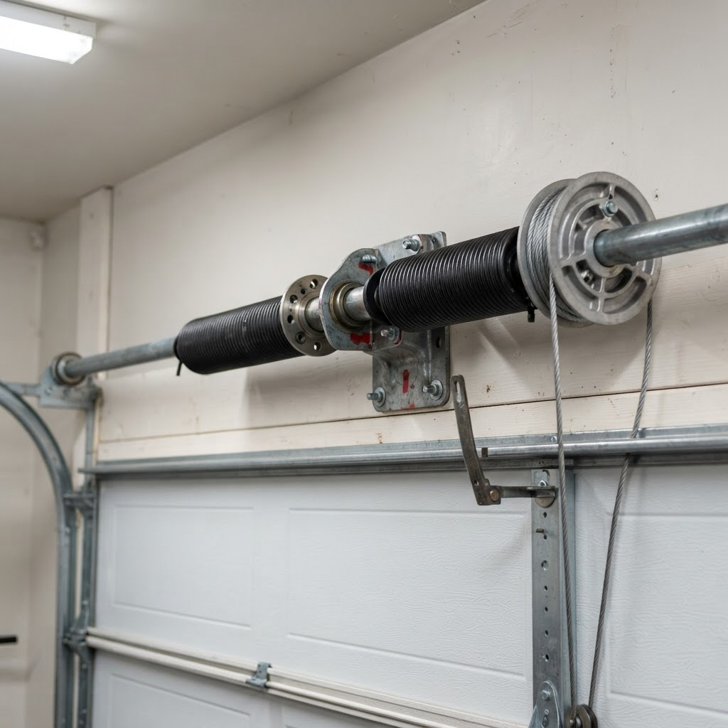 Residential garage door torsion spring mounted on the torsion shaft